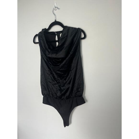 Cami NYC Black Bodysuit Women L Sleeveless Satin Thong Snap Back‎ - Picture 4 of 6